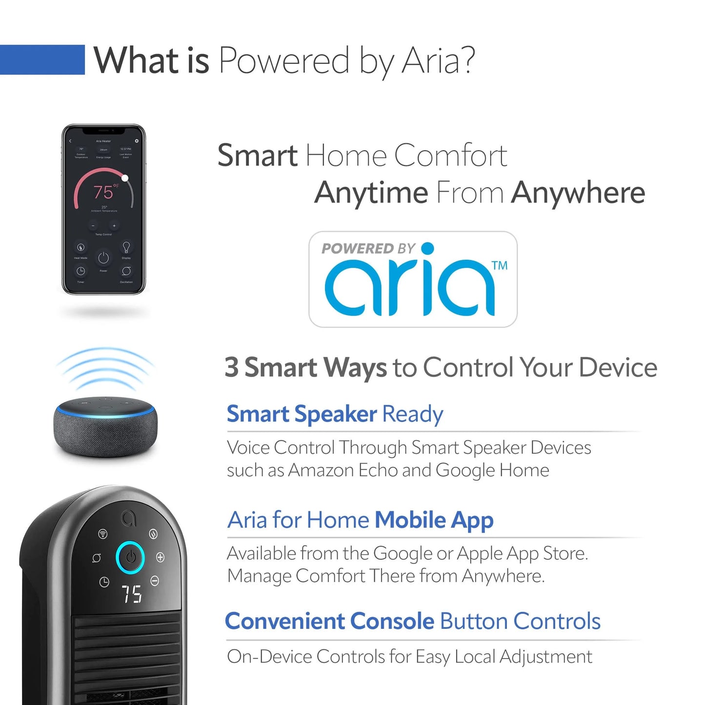 22" Smart Tower Heater Powered by Aria, Wifi, Works with Alexa, Google, Black, AR122