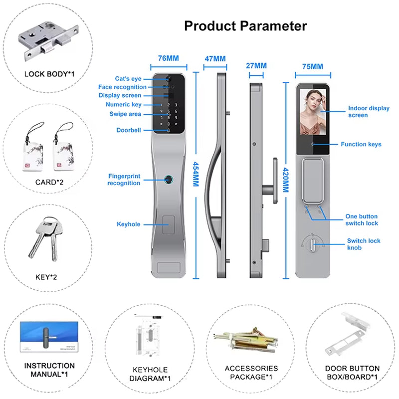 3D Face Recognition Smart Lock with Card Smart Lock Israel Mortise Alexa/Tuya Wifi Biometric Automatic Lock for Home Security